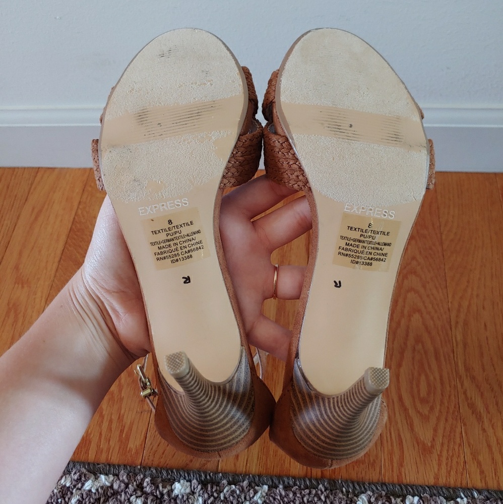 Express Criss Cross Braided Suede Ankle Strap Heels Camel Brown Size 8 - Picture 7 of 8